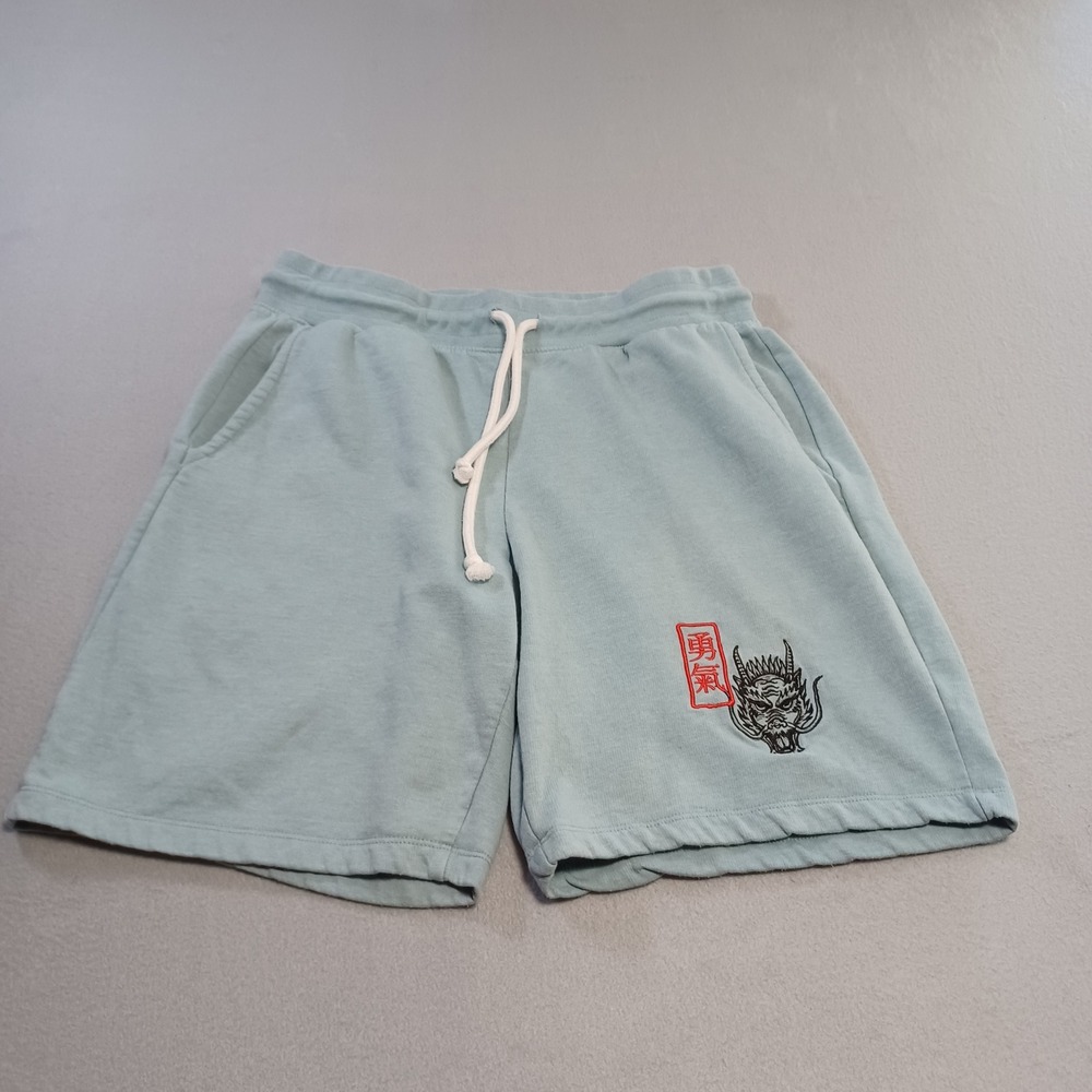 Blind Rooster Mens Dragon Graphic Sweat Shorts Blu Green Large Embroidered Kanji
